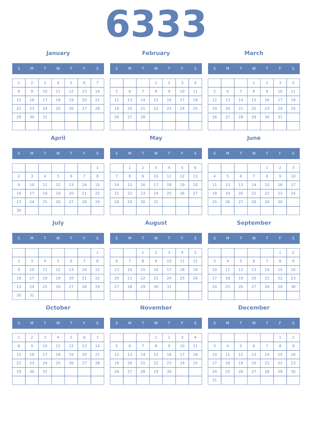 Printable 6333 Year Calendars glaucous