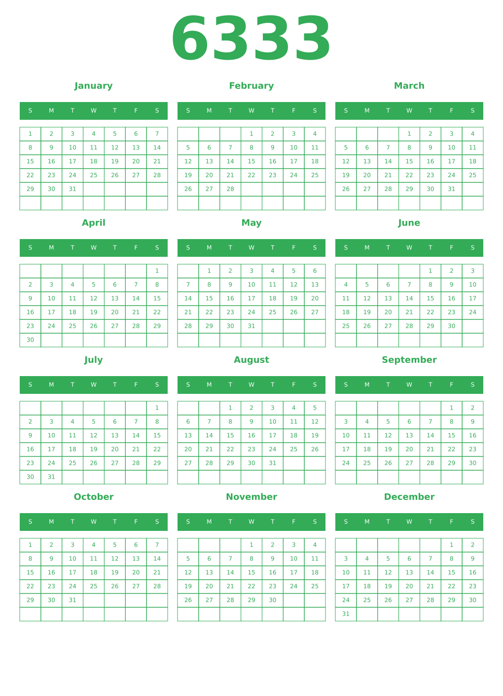 Printable 6333 Year Calendars green
