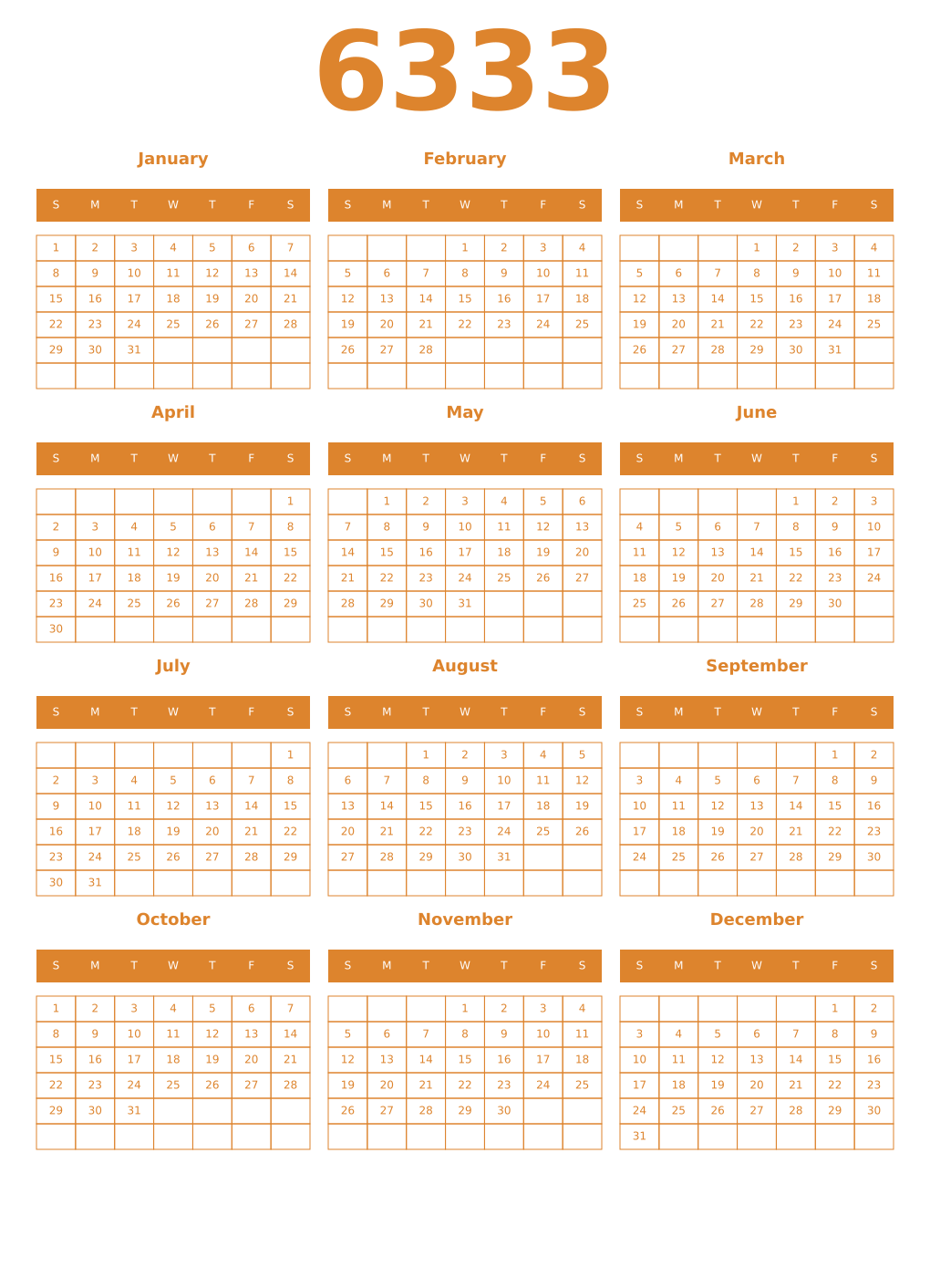 Printable 6333 Year Calendars orange