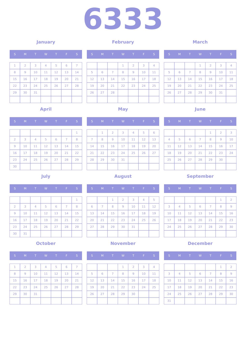 Printable 6333 Year Calendars periwinkle