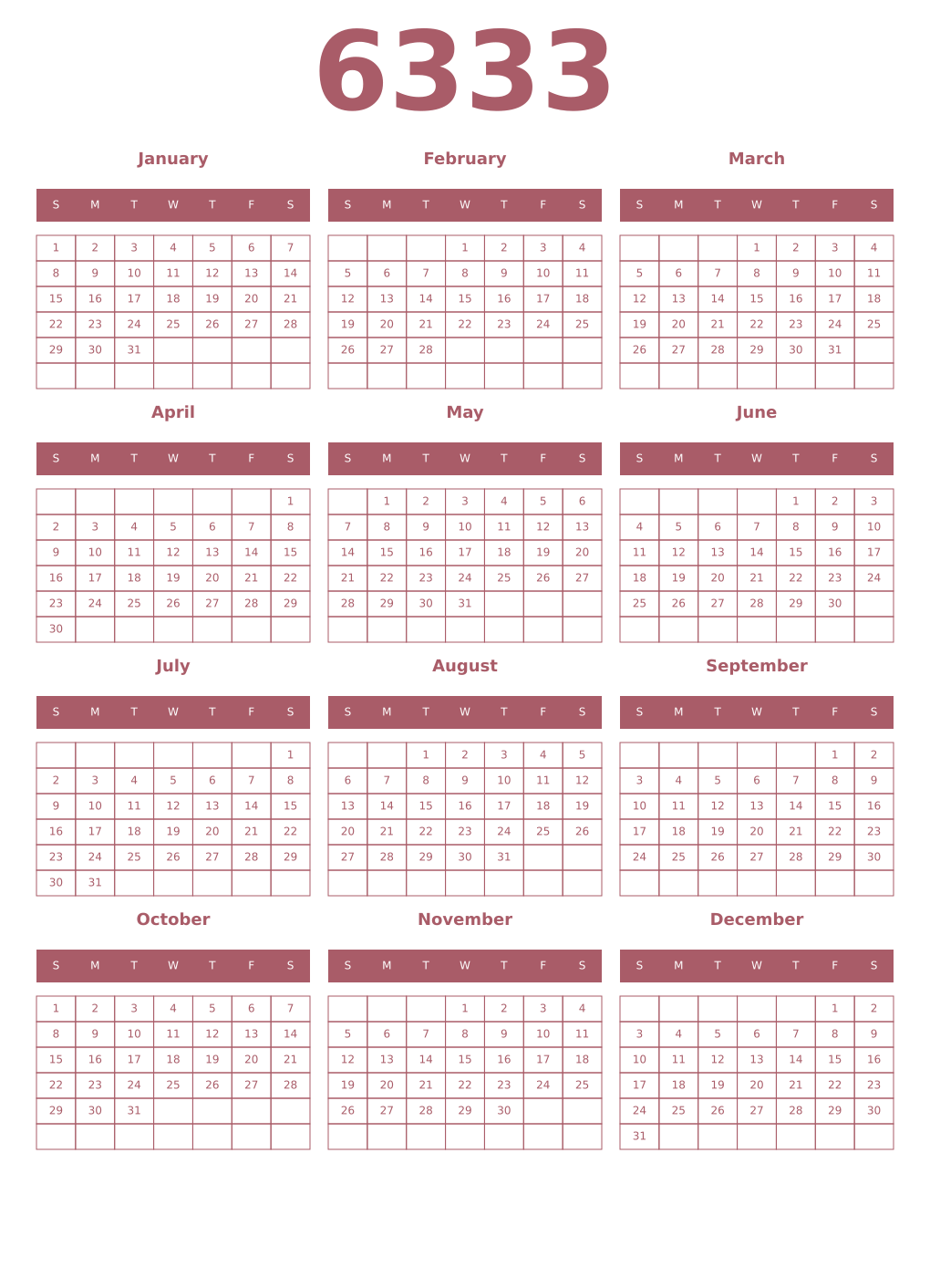 Printable 6333 Year Calendars puce