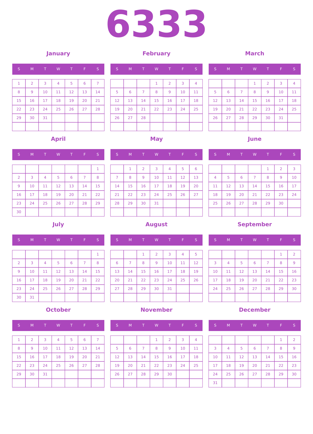 Printable 6333 Year Calendars purple
