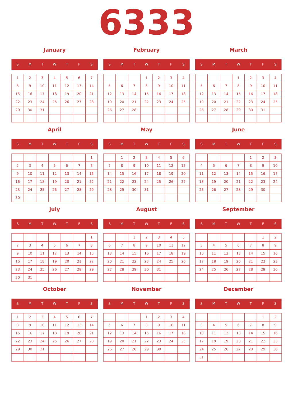 Printable 6333 Year Calendars red
