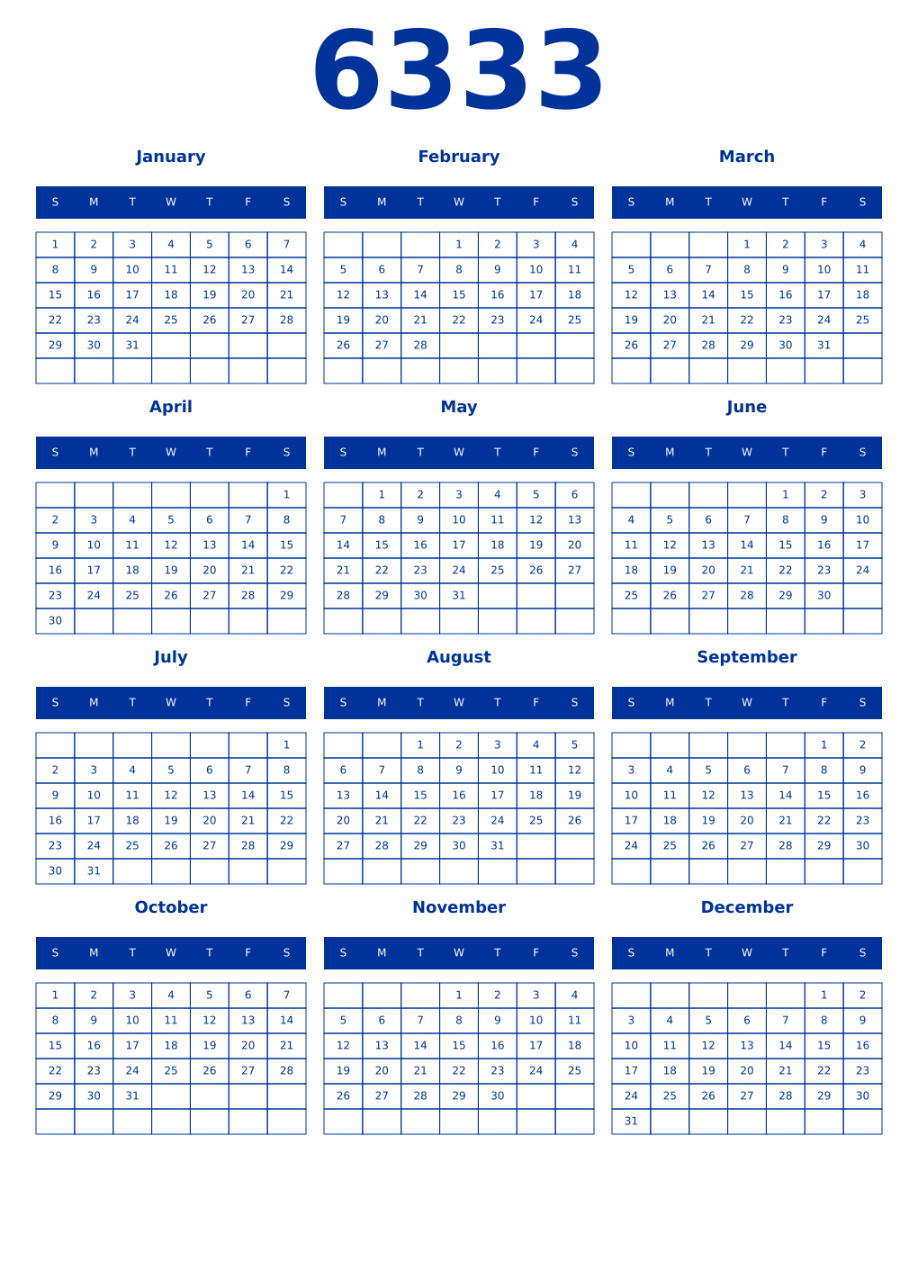 Printable 6333 Year Calendars smalt