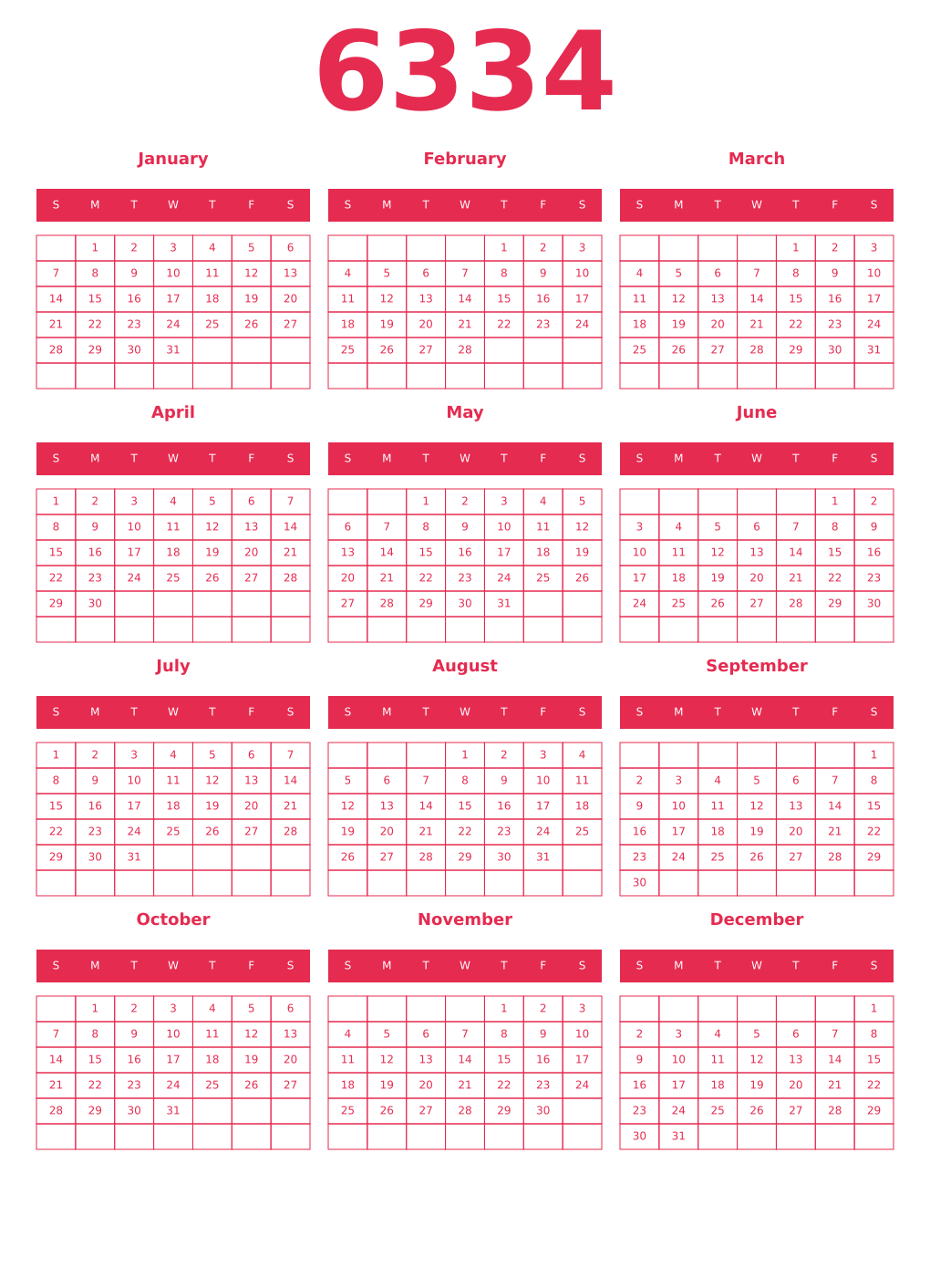 Printable 6334 Year Calendars amaranth