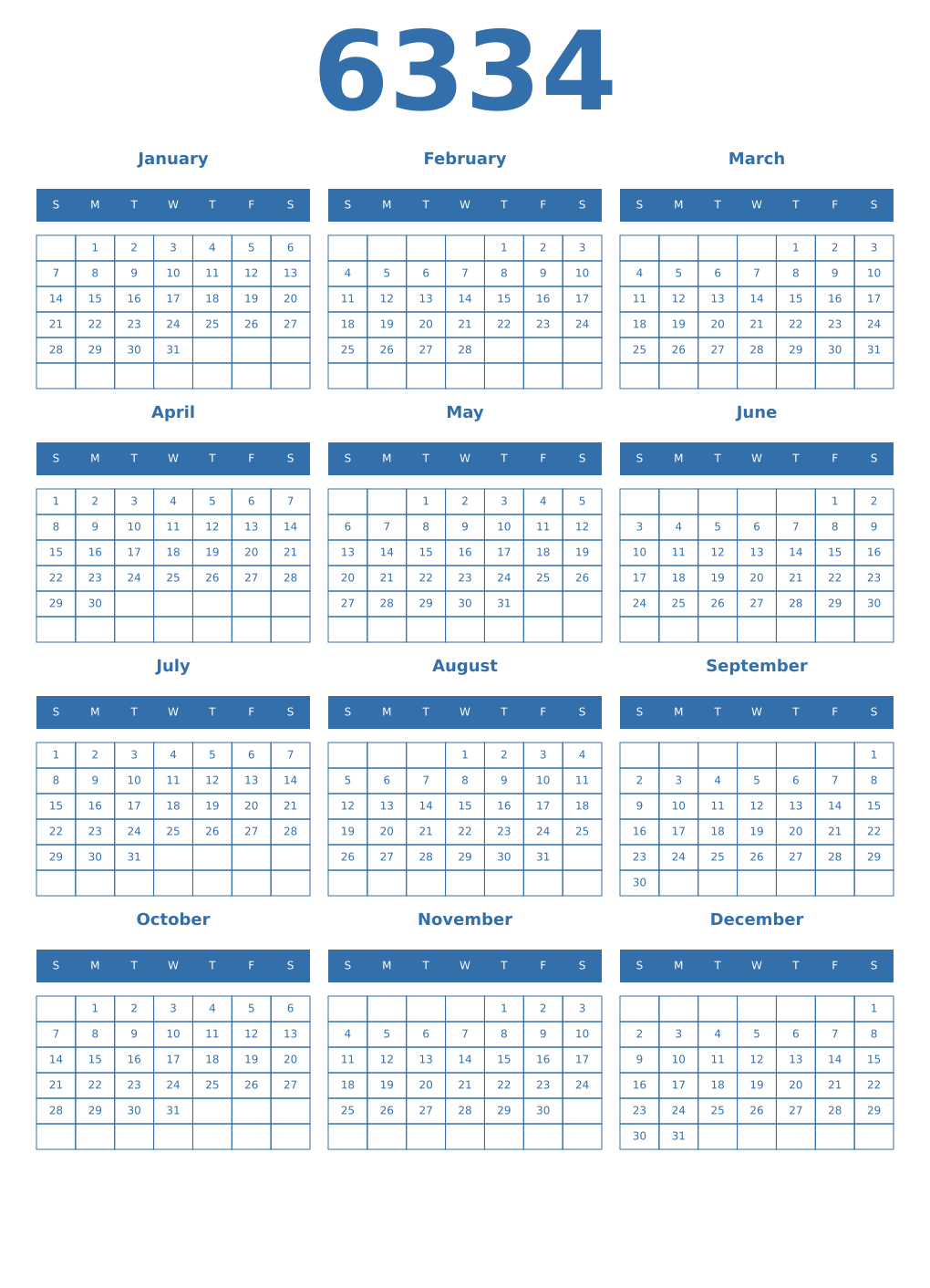 Printable 6334 Year Calendars blue