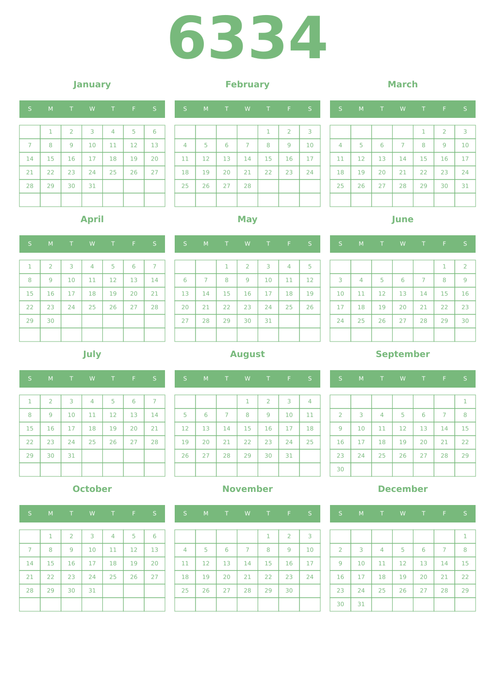 Printable 6334 Year Calendars celadon