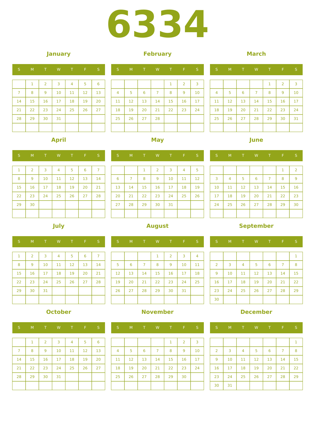 Printable 6334 Year Calendars chartreuse