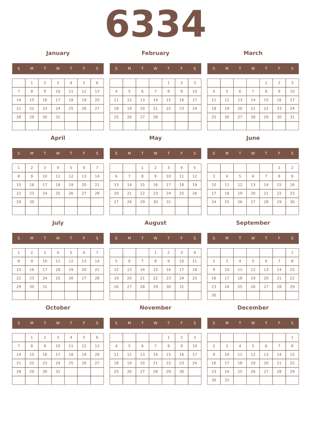 Printable 6334 Year Calendars coffe