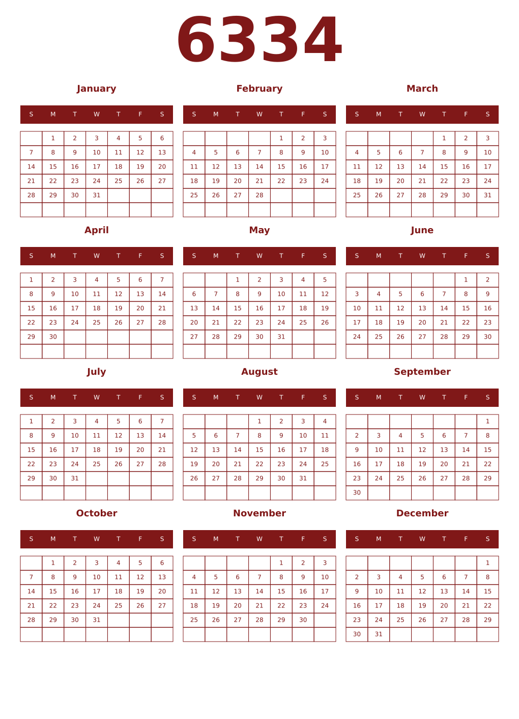 Printable 6334 Year Calendars falu