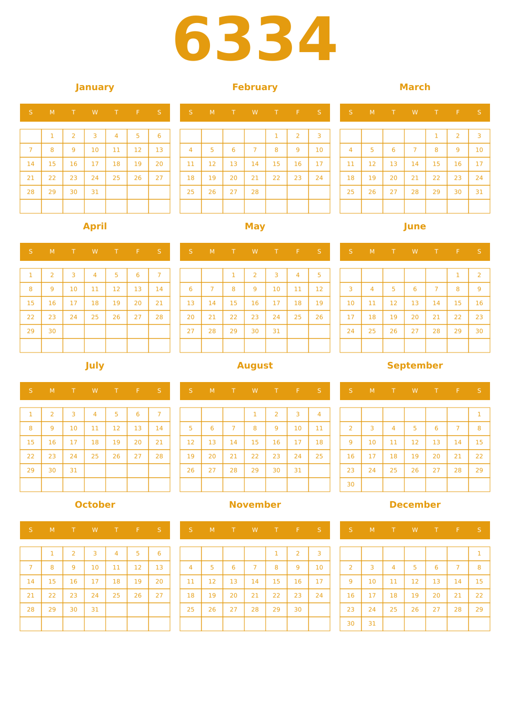 Printable 6334 Year Calendars gamboge
