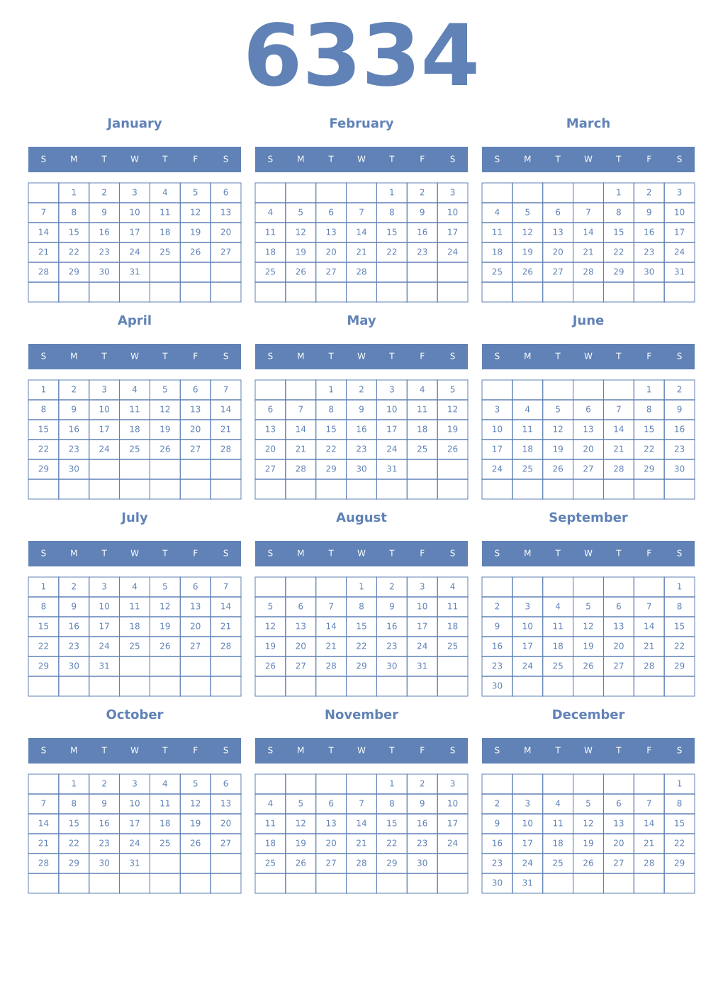 Printable 6334 Year Calendars glaucous