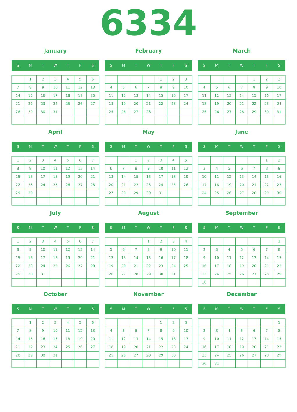 Printable 6334 Year Calendars green