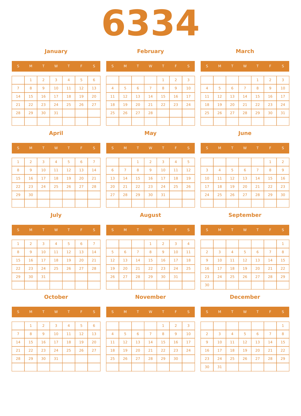 Printable 6334 Year Calendars orange