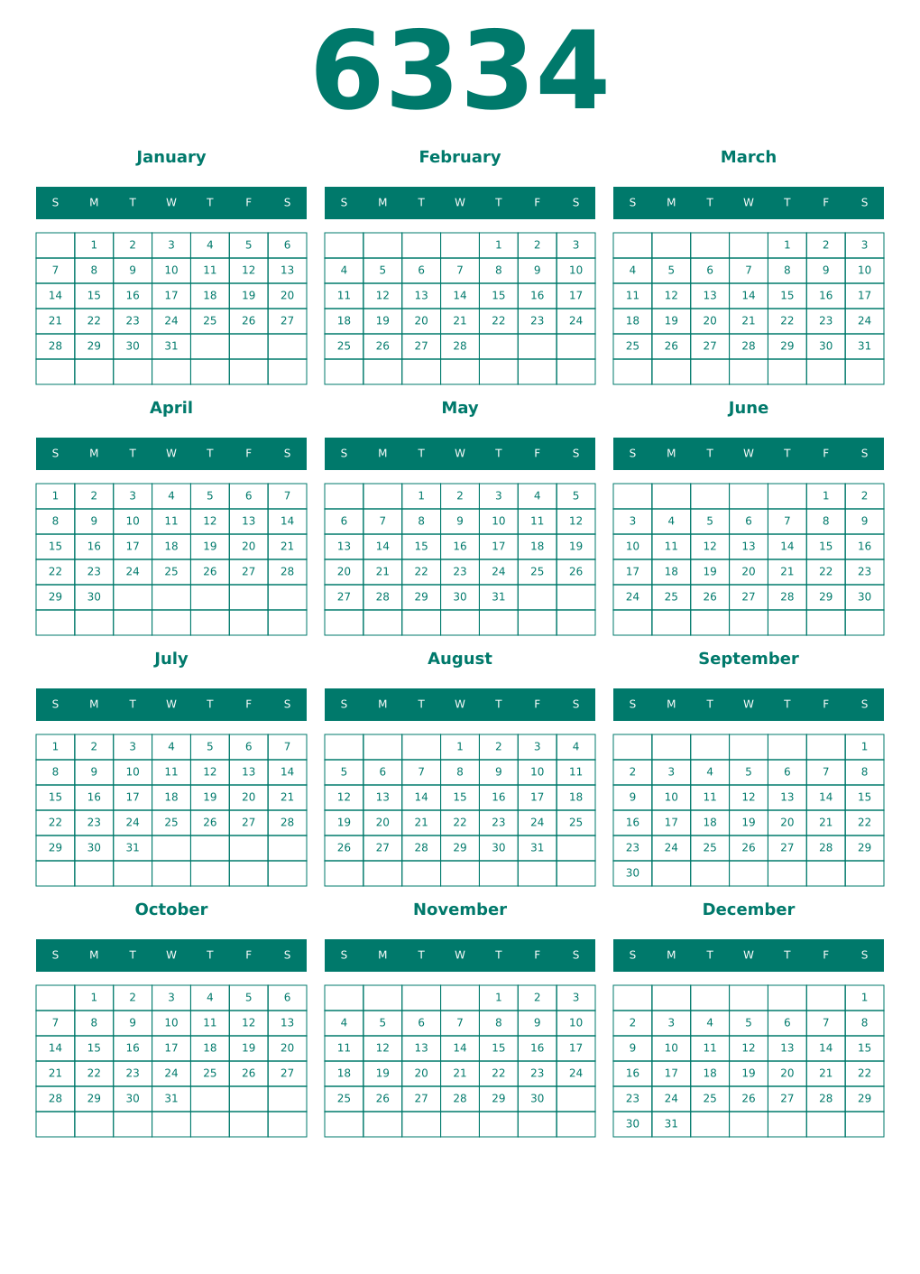 Printable 6334 Year Calendars pastel