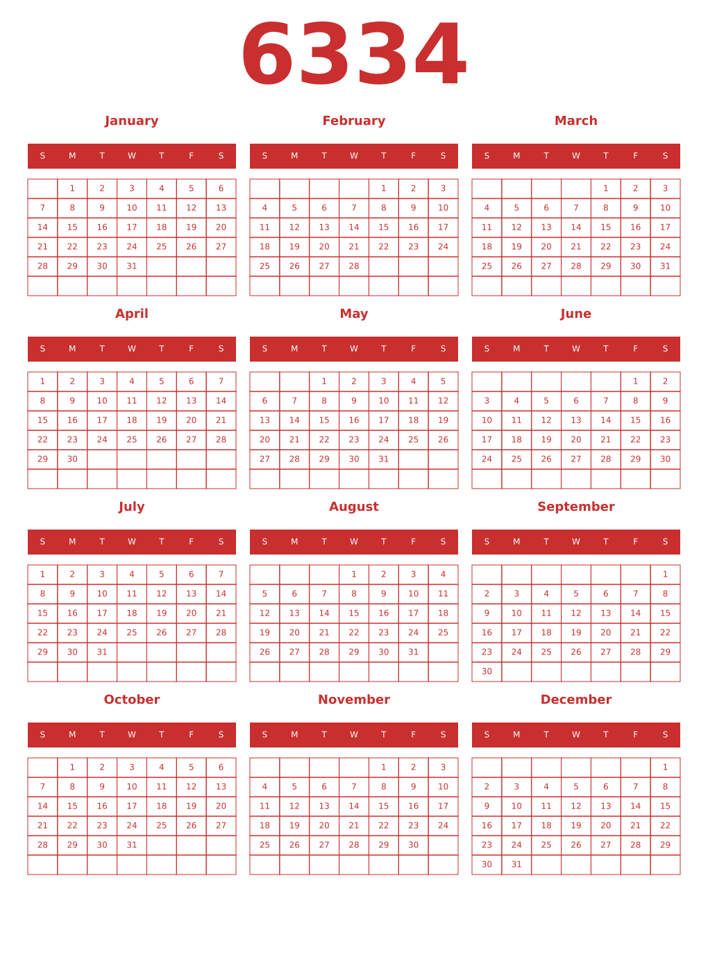 Printable 6334 Year Calendars red
