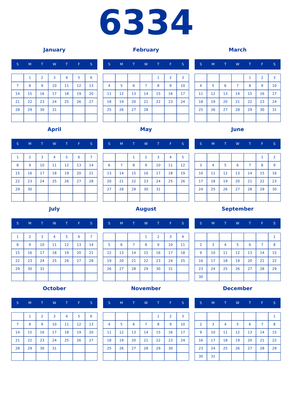 Printable 6334 Year Calendars smalt