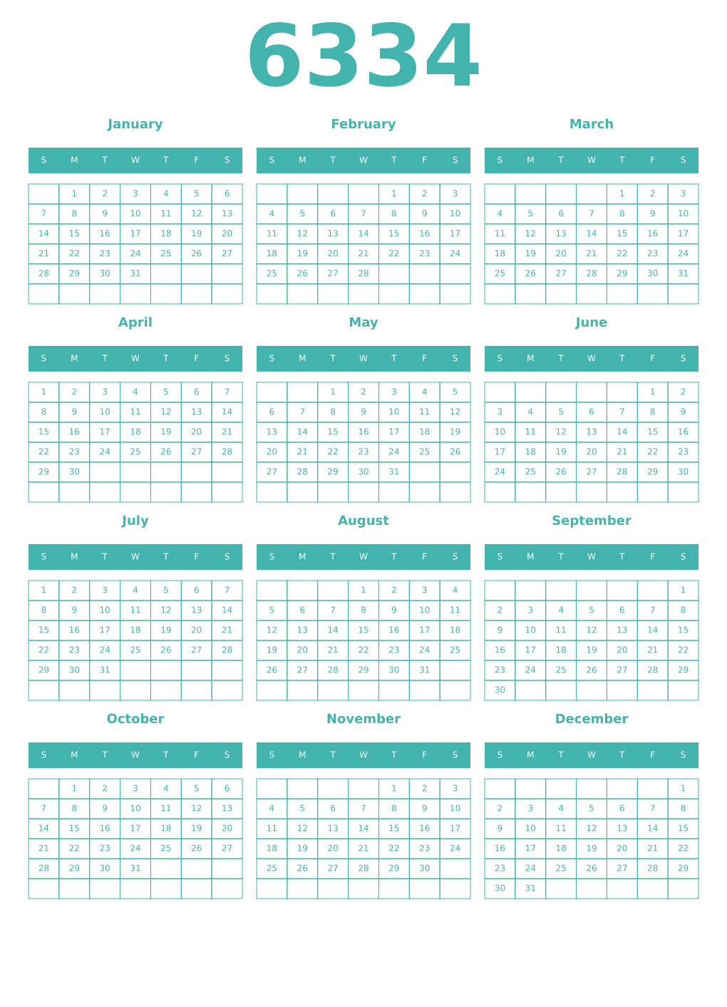 Printable 6334 Year Calendars verdigris