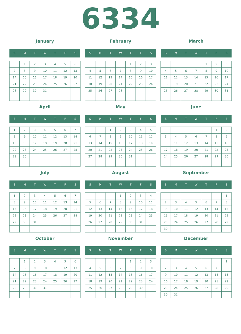 Printable 6334 Year Calendars viridian