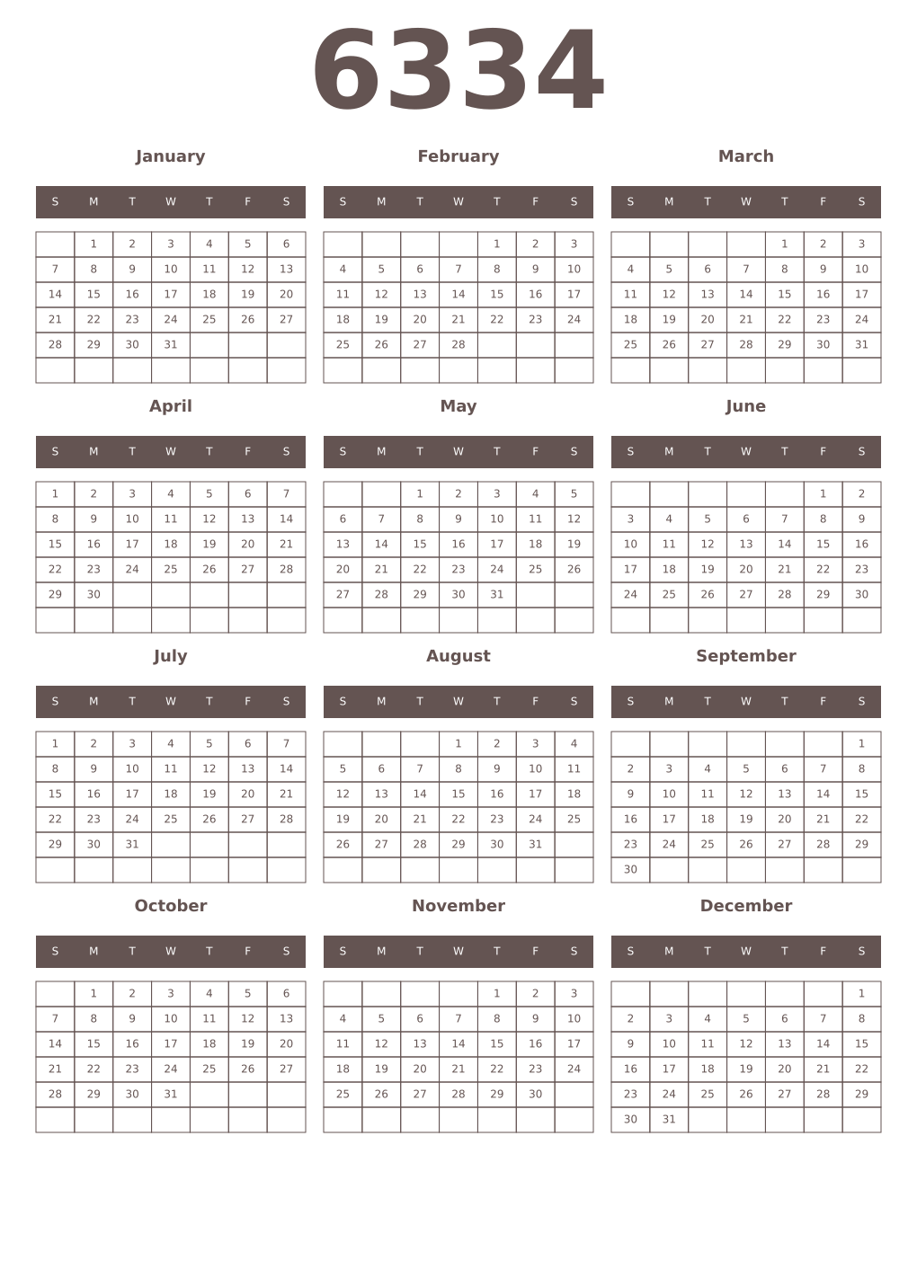 Printable 6334 Year Calendars wenge