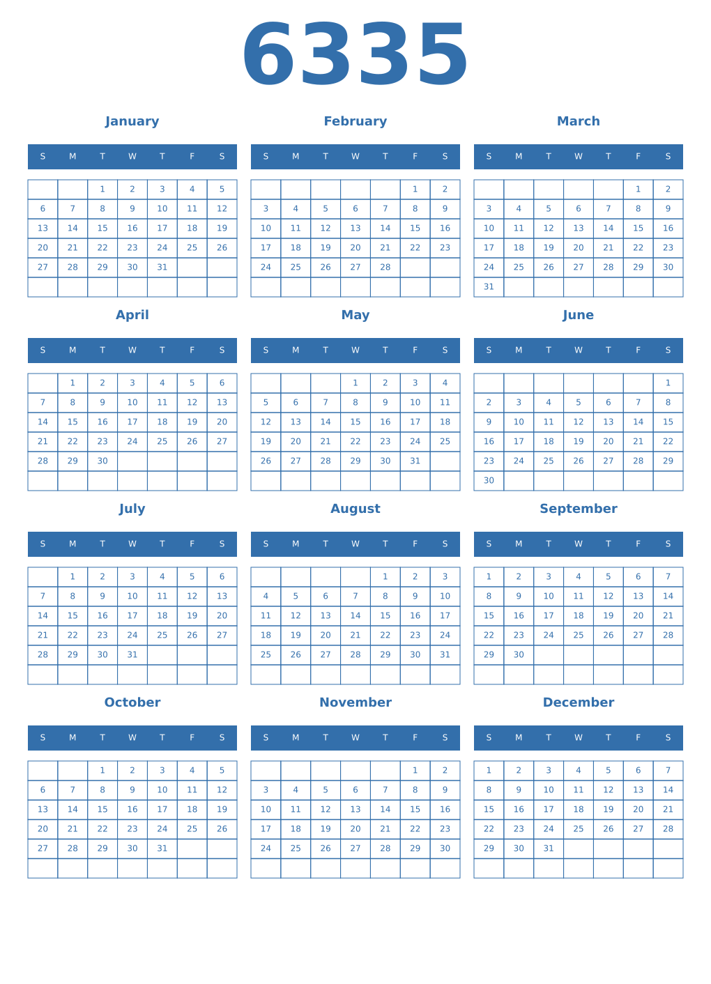 Printable 6335 Year Calendars blue