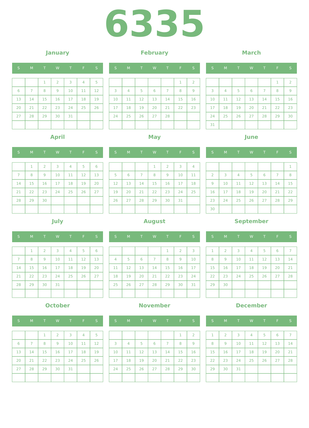 Printable 6335 Year Calendars celadon
