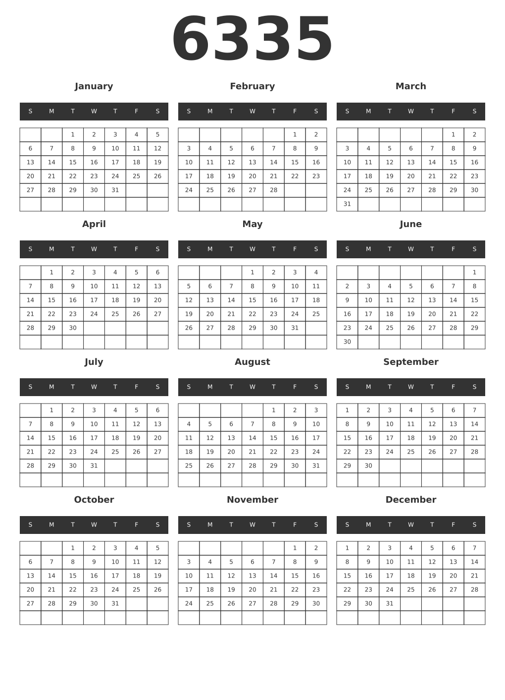 Printable 6335 Year Calendars dark
