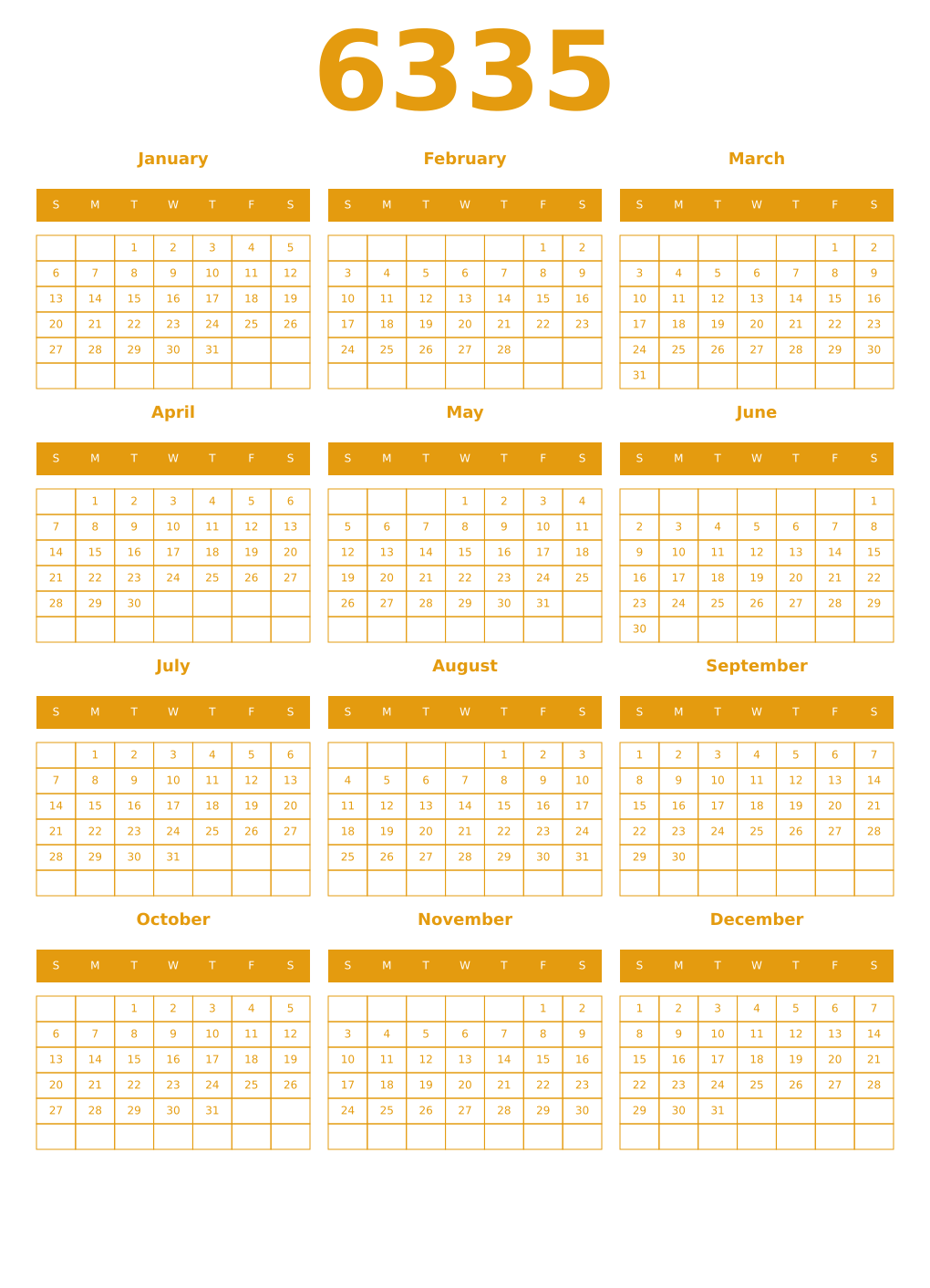 Printable 6335 Year Calendars gamboge