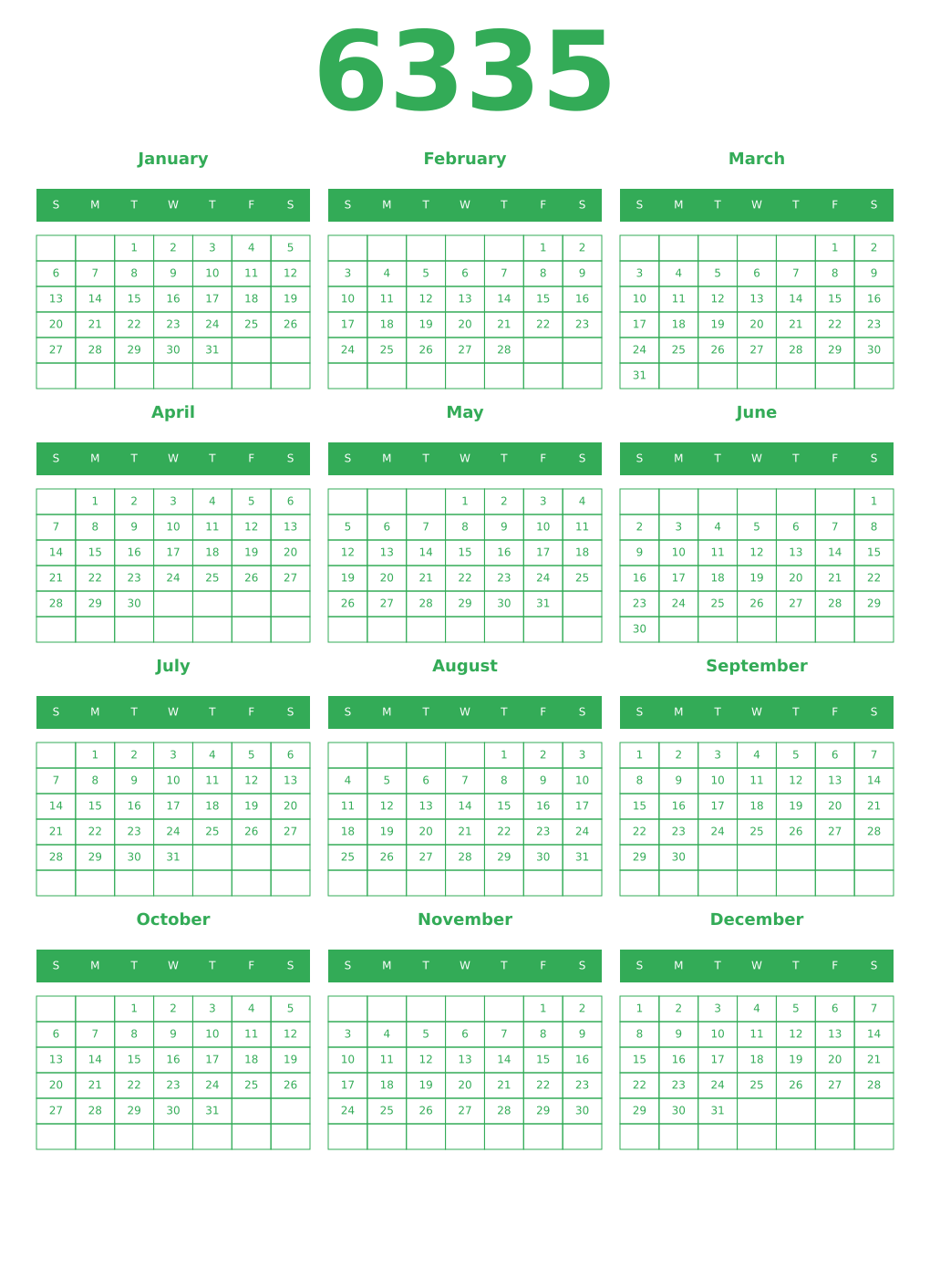 Printable 6335 Year Calendars green