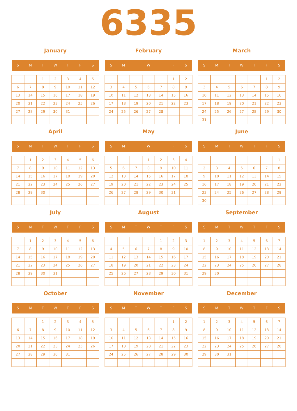 Printable 6335 Year Calendars orange
