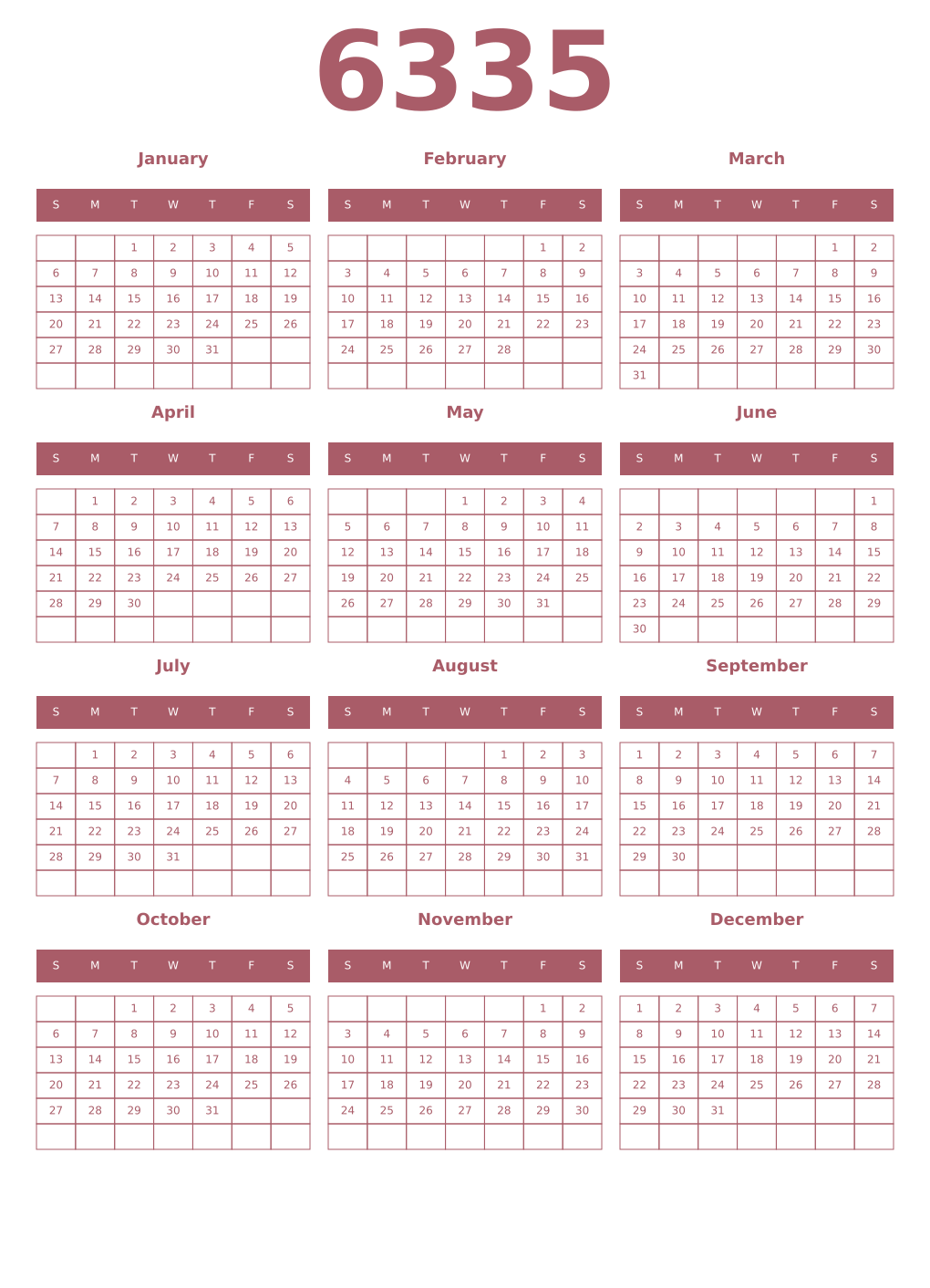 Printable 6335 Year Calendars puce