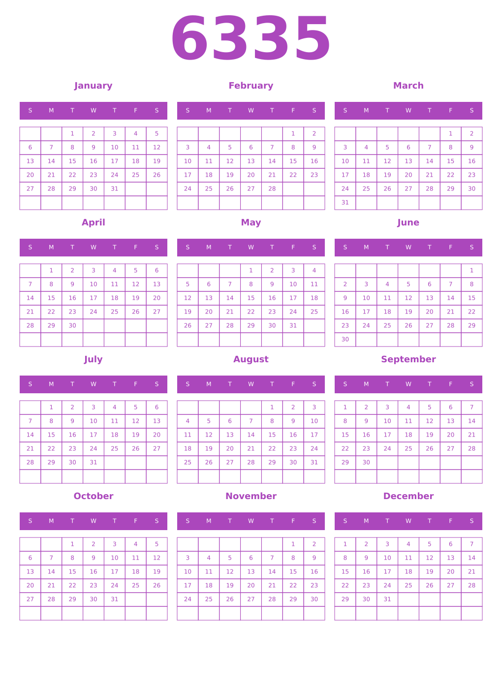 Printable 6335 Year Calendars purple