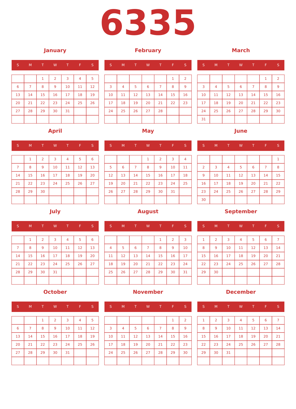 Printable 6335 Year Calendars red