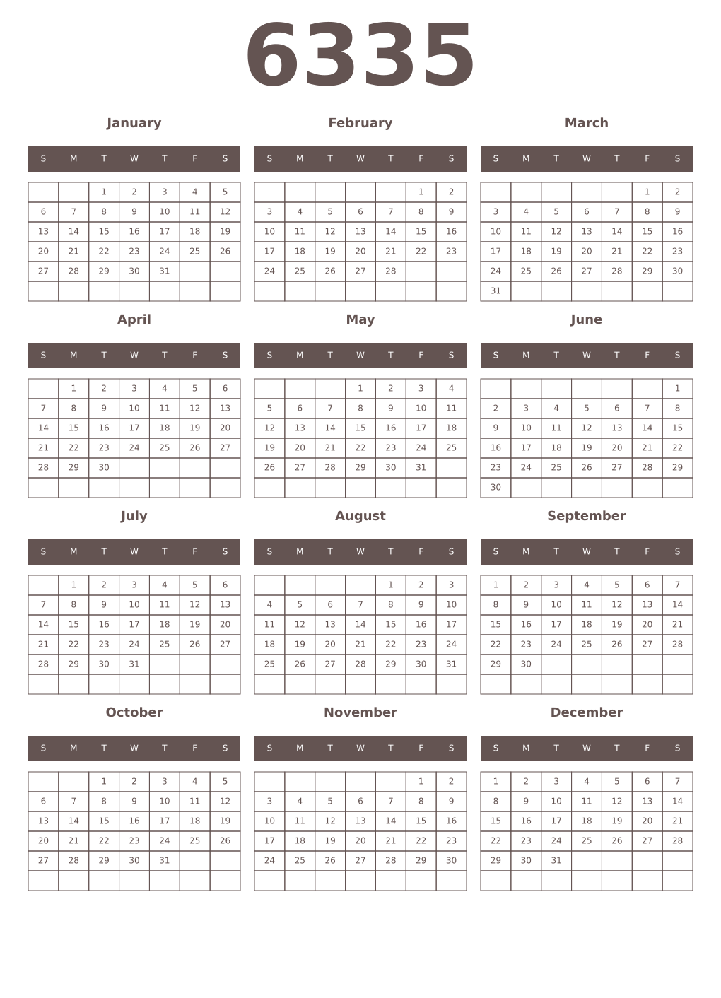 Printable 6335 Year Calendars wenge