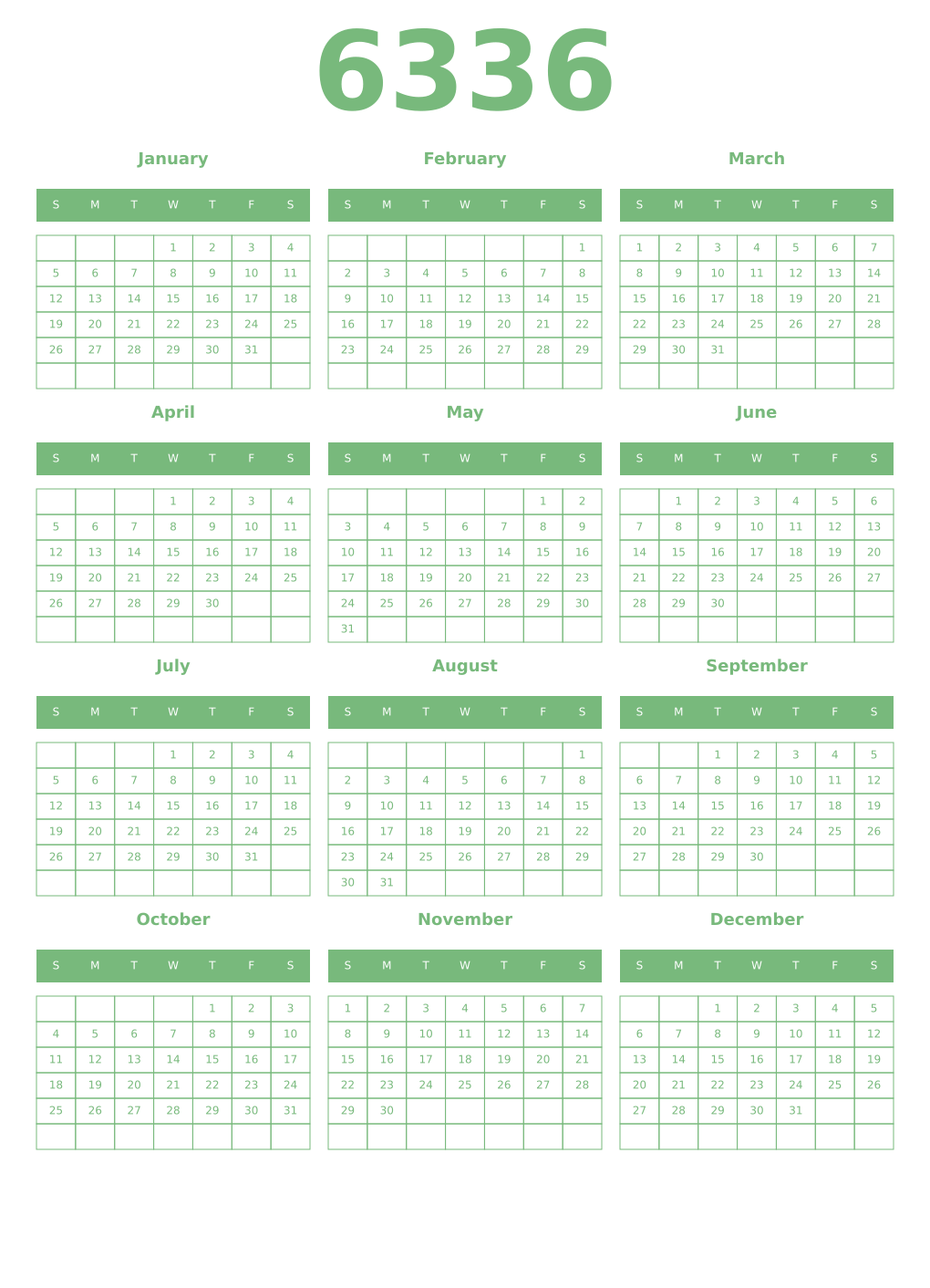 Printable 6336 Year Calendars celadon