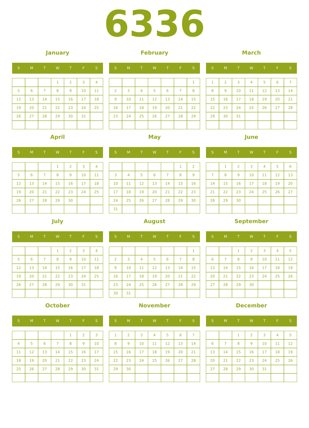 Printable 6336 Year Calendars chartreuse