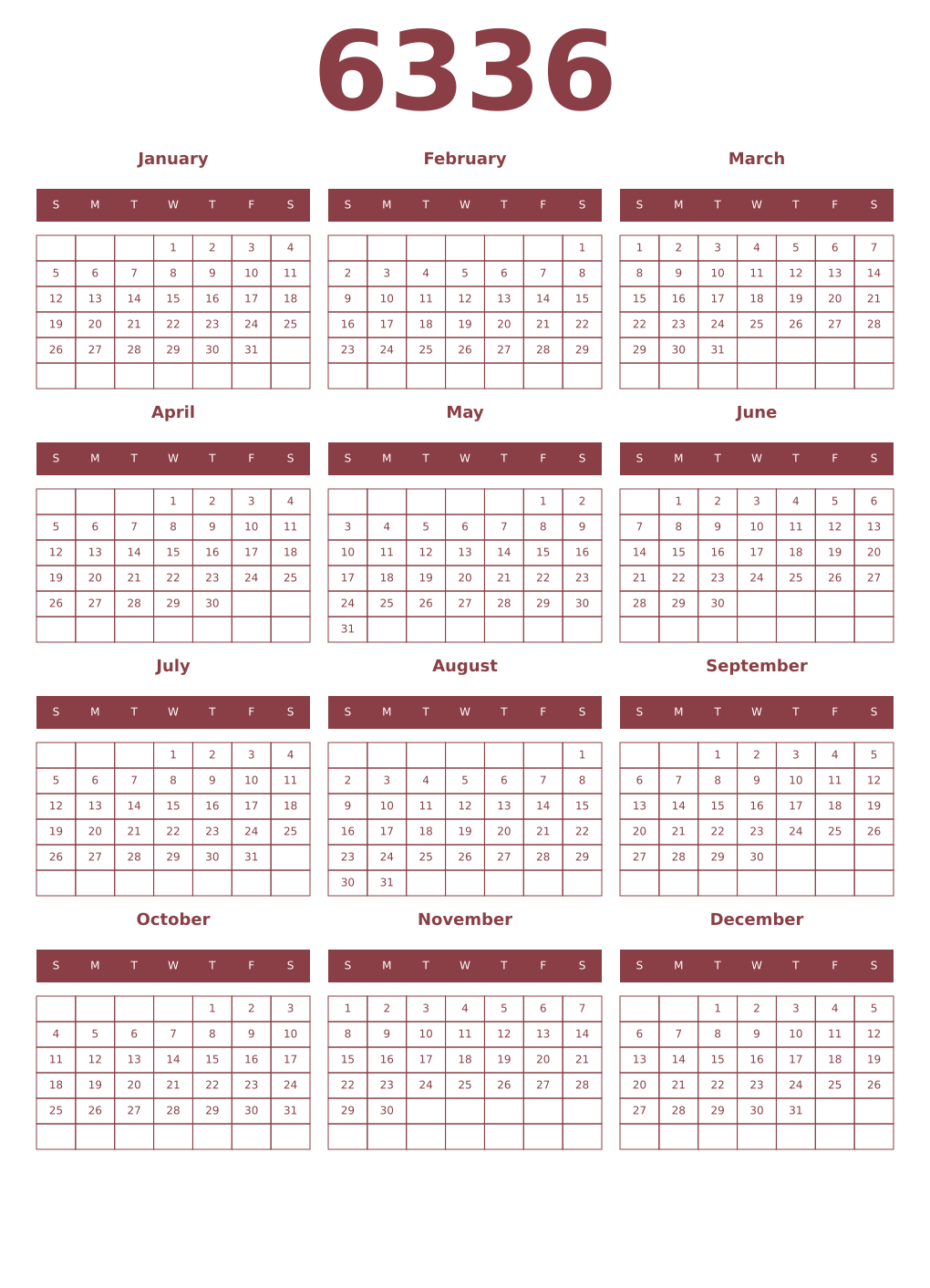 Printable 6336 Year Calendars cordovan