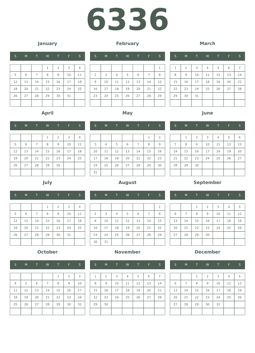 Printable 6336 Year Calendars feldgrau