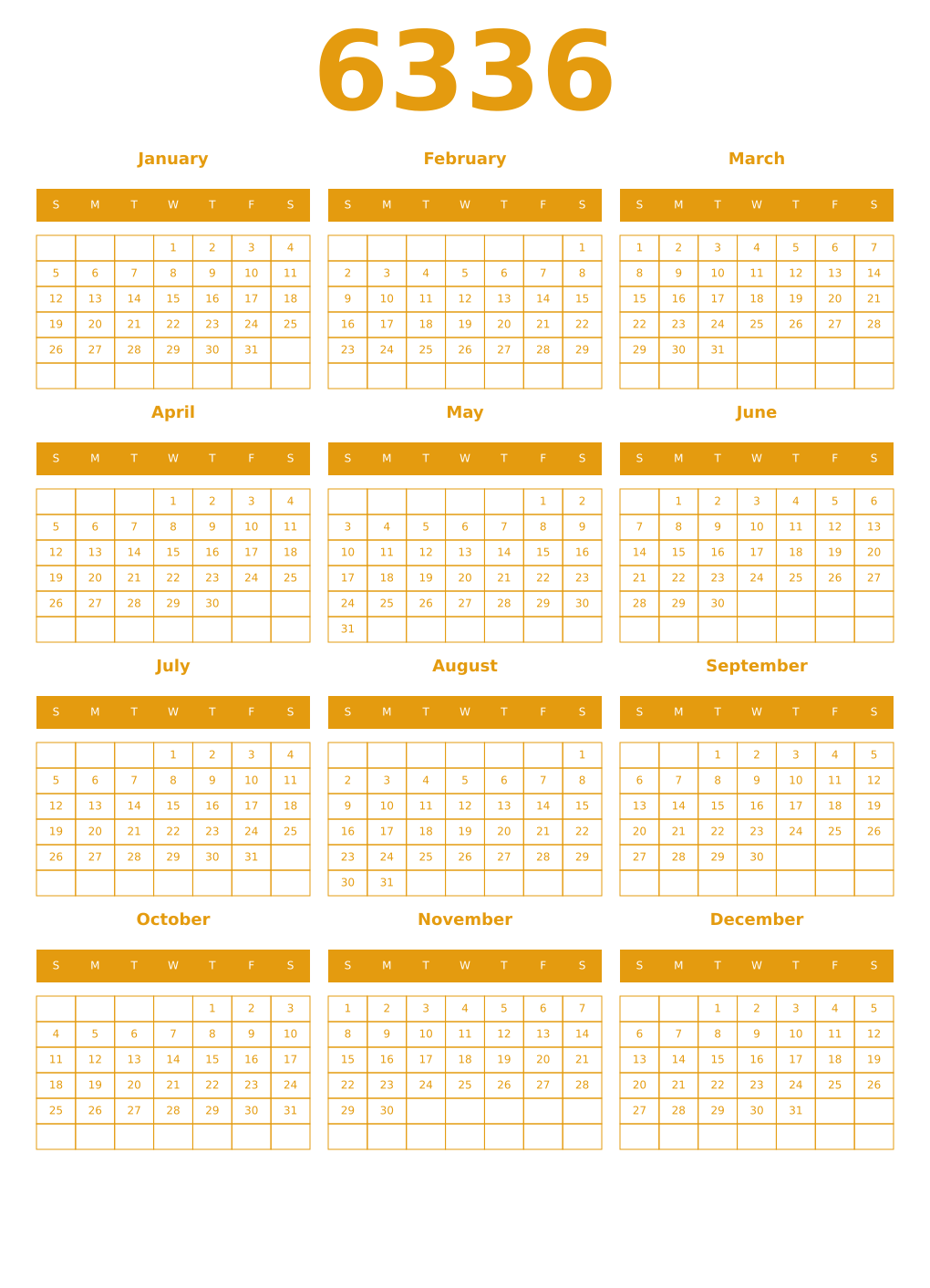 Printable 6336 Year Calendars gamboge