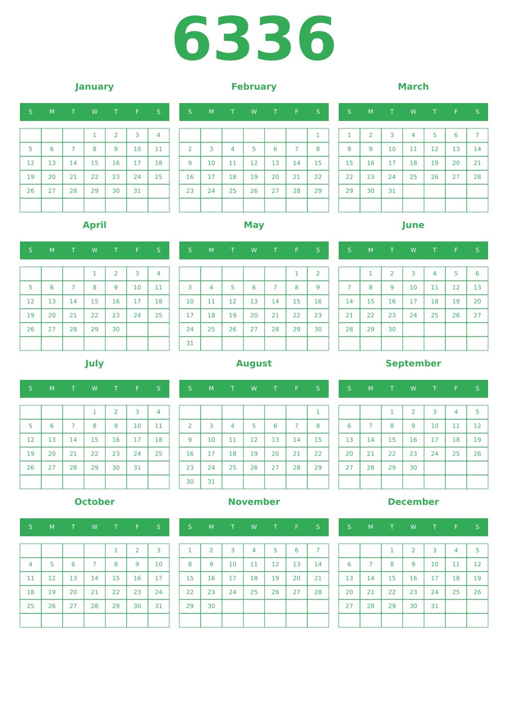 Printable 6336 Year Calendars green