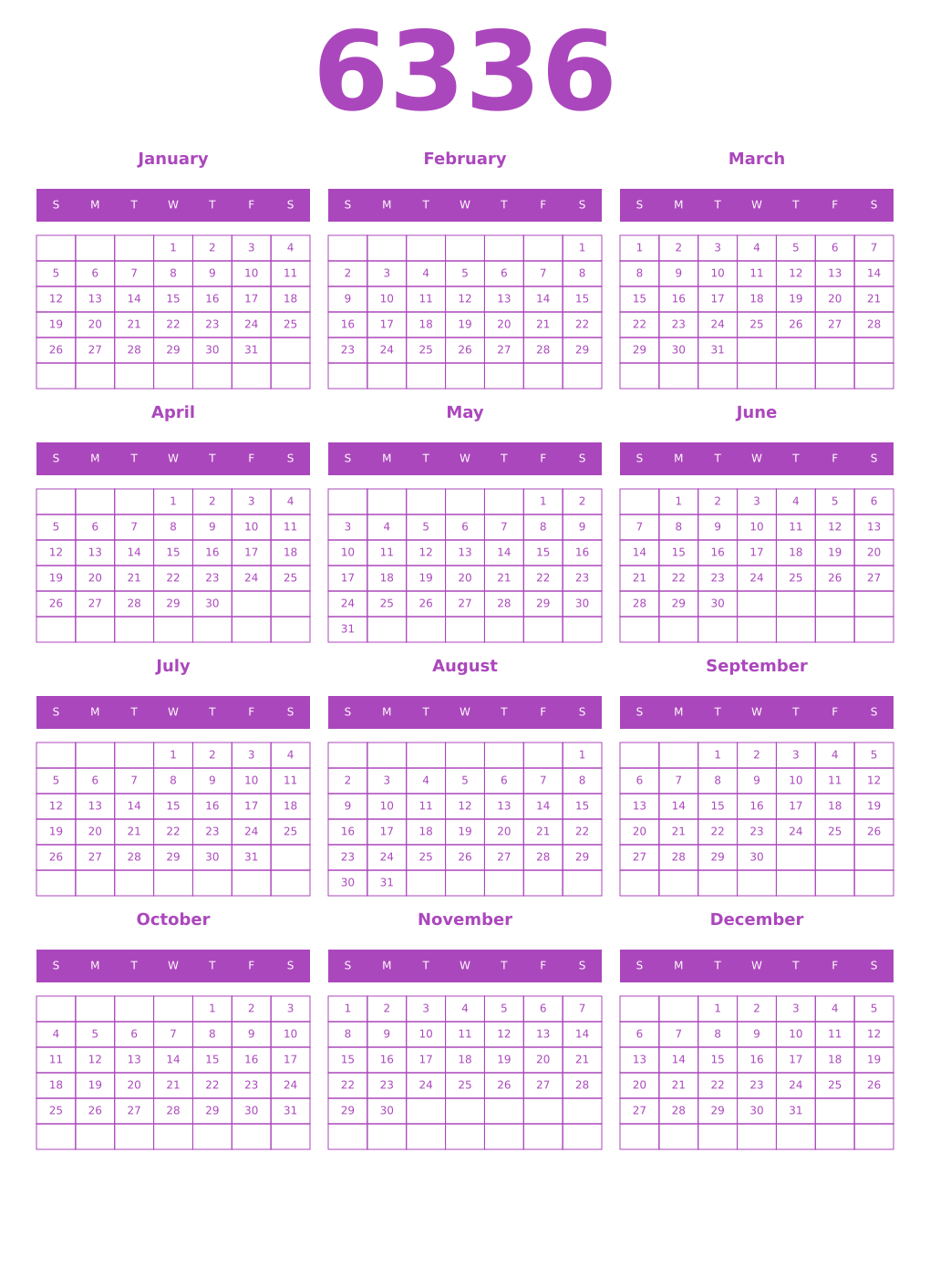 Printable 6336 Year Calendars purple