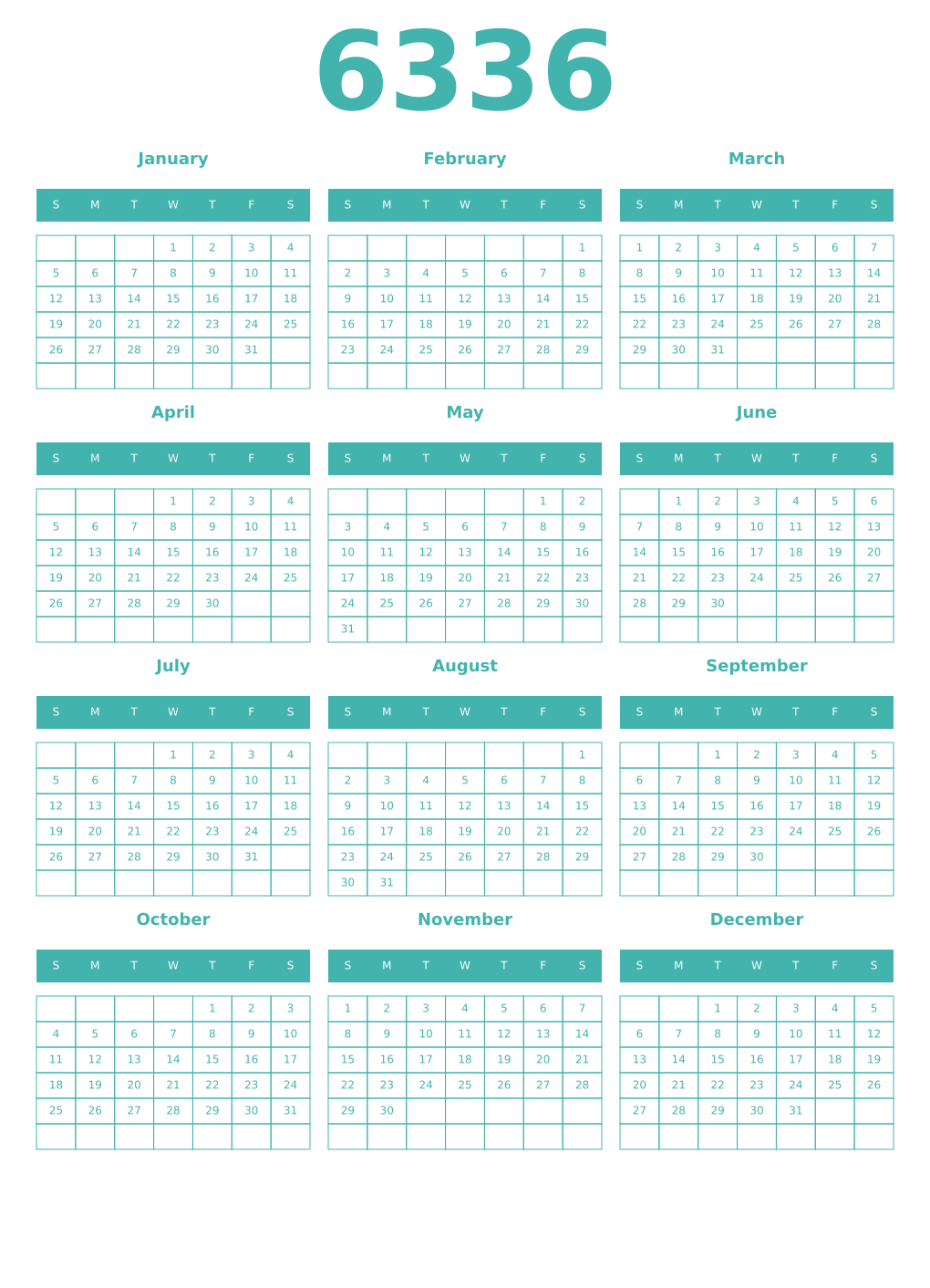 Printable 6336 Year Calendars verdigris