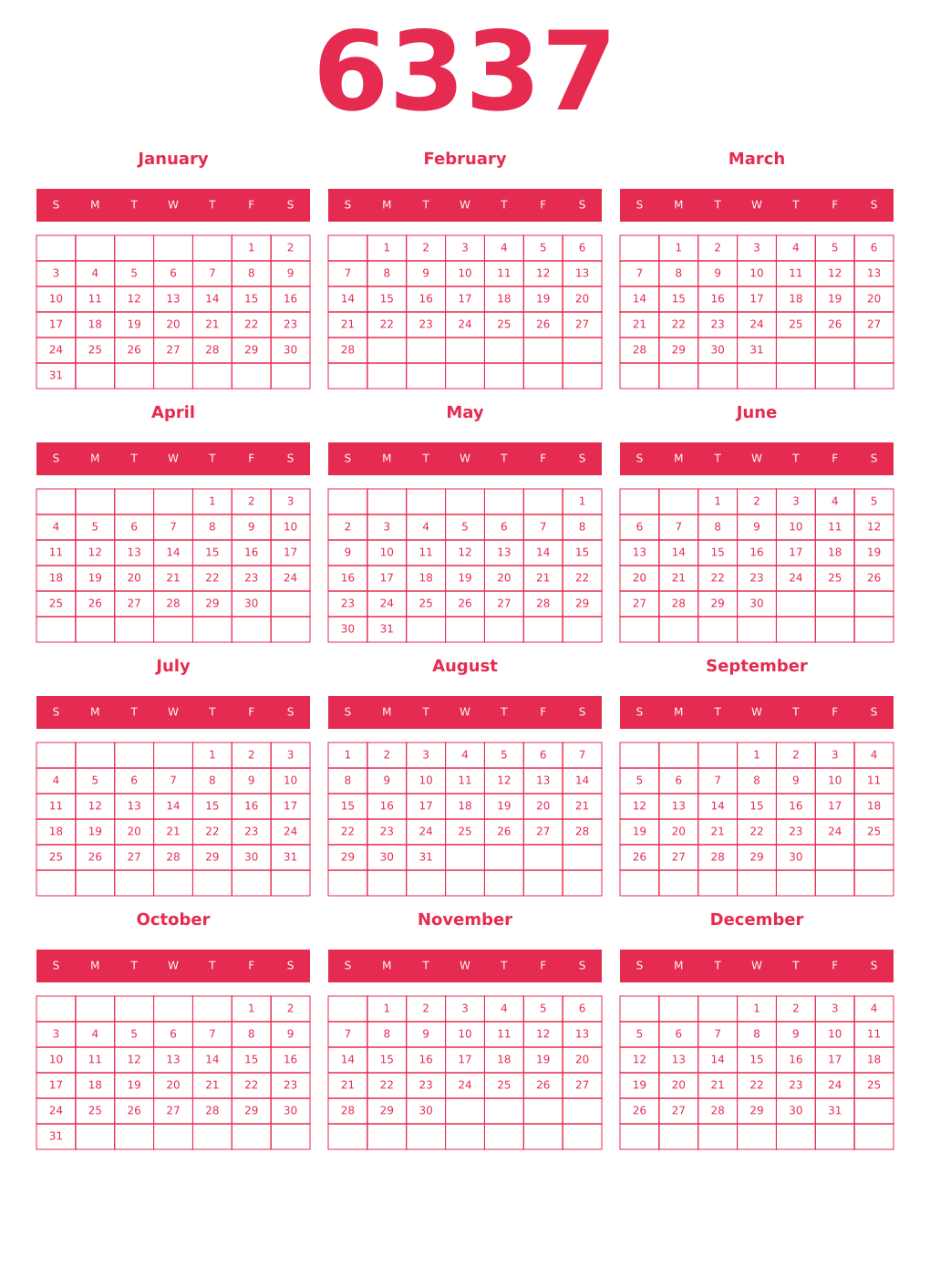 Printable 6337 Year Calendars amaranth