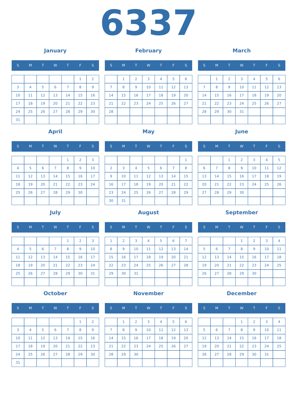 Printable 6337 Year Calendars blue