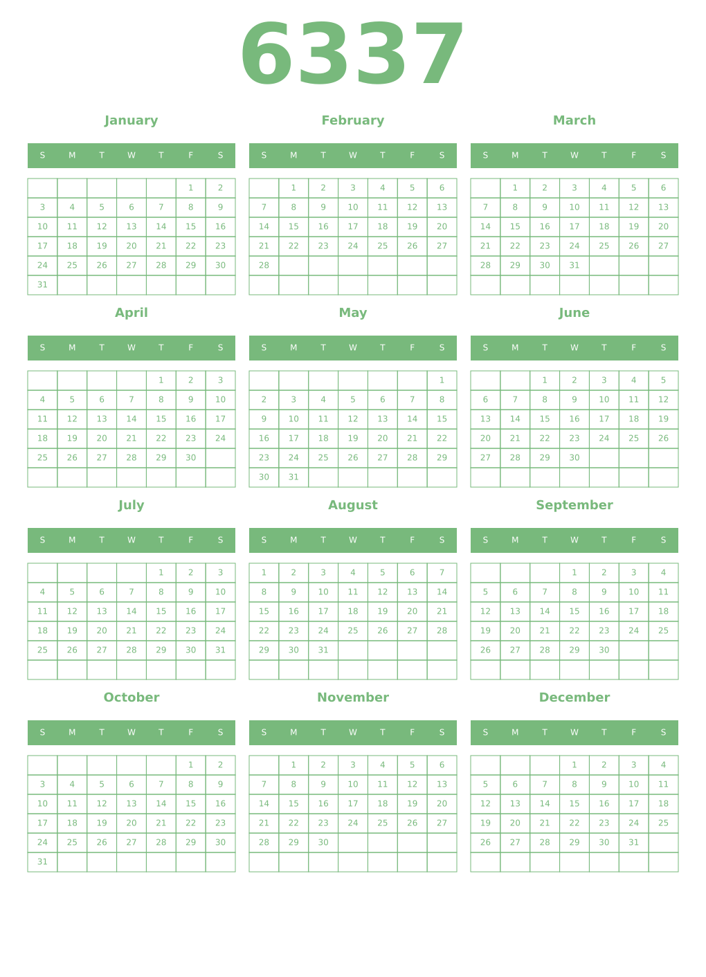 Printable 6337 Year Calendars celadon