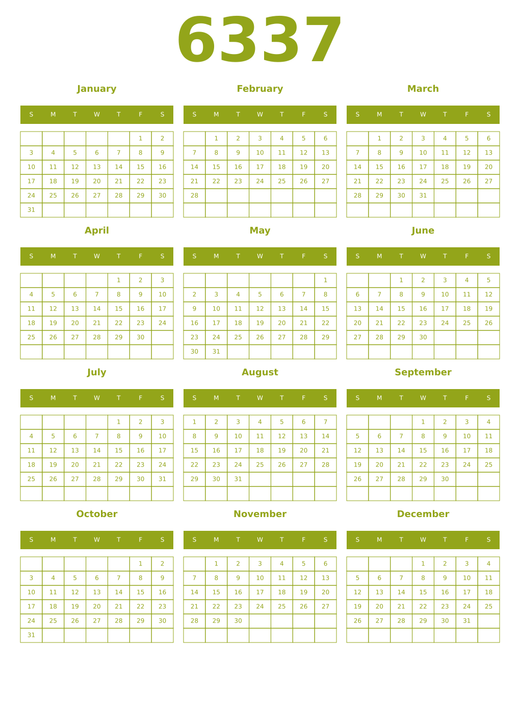Printable 6337 Year Calendars chartreuse