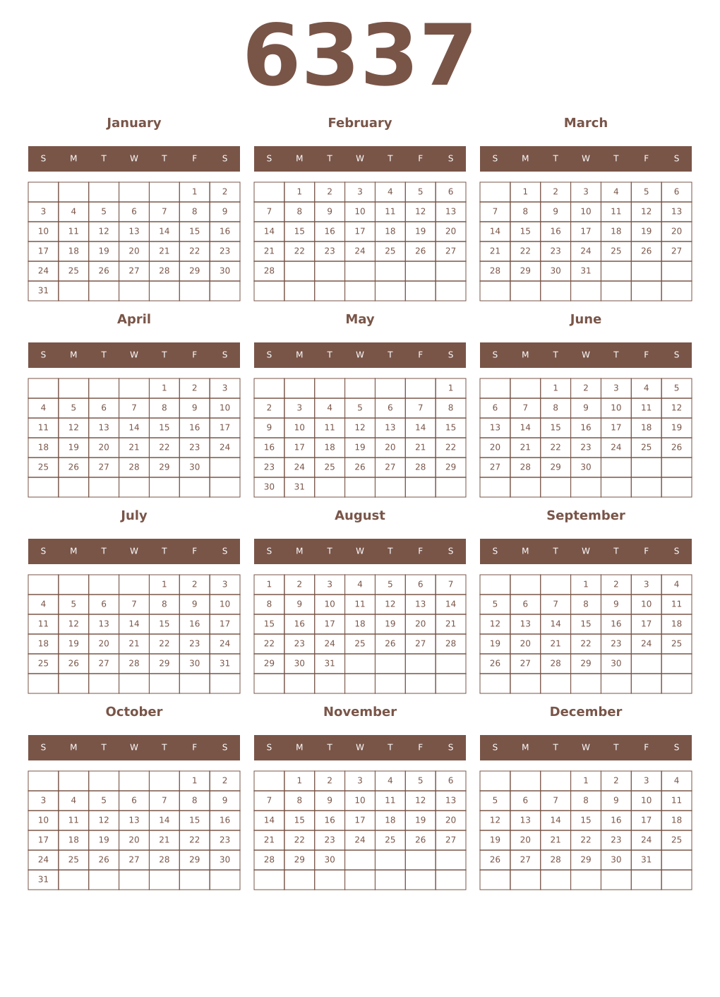 Printable 6337 Year Calendars coffe