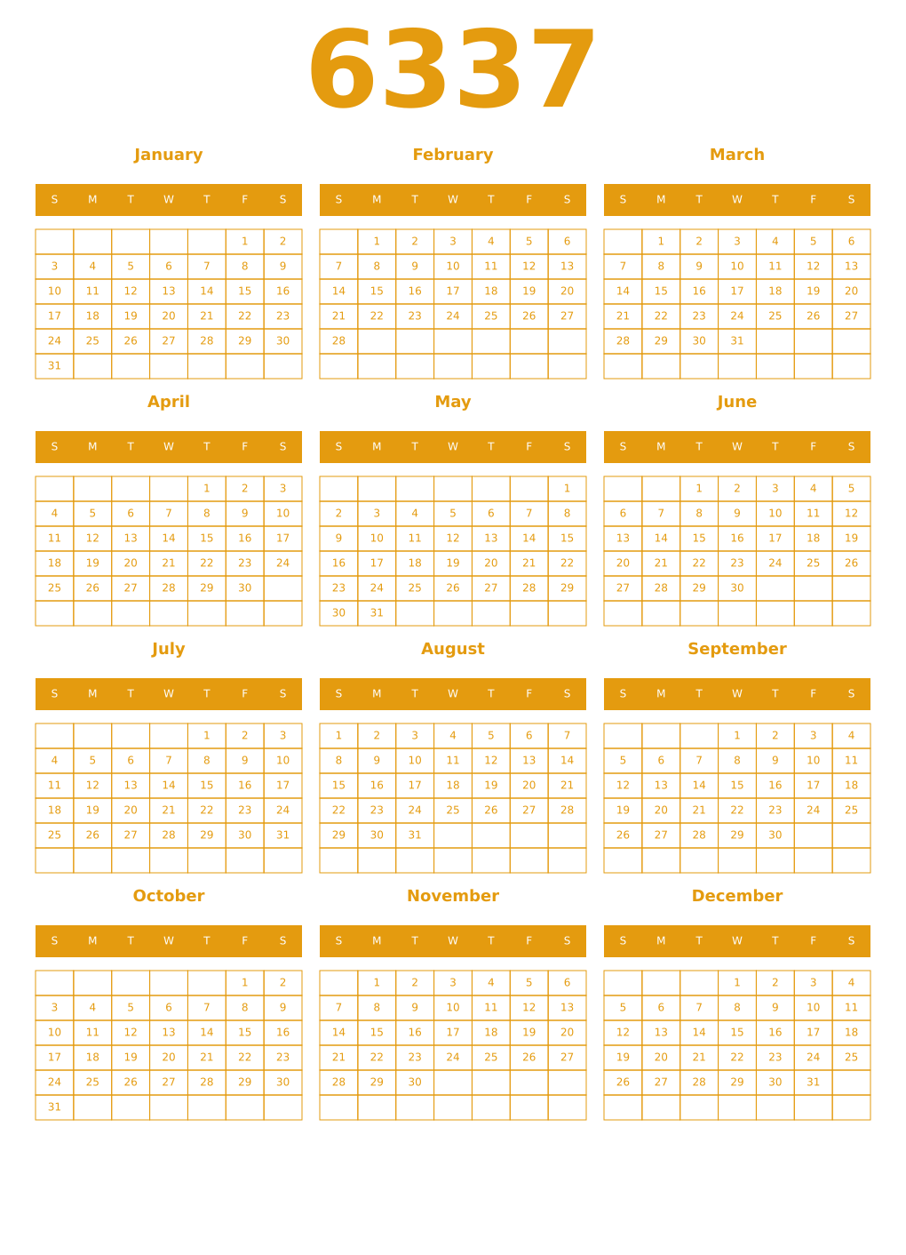 Printable 6337 Year Calendars gamboge