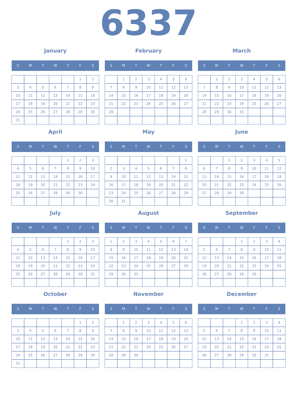 Printable 6337 Year Calendars glaucous