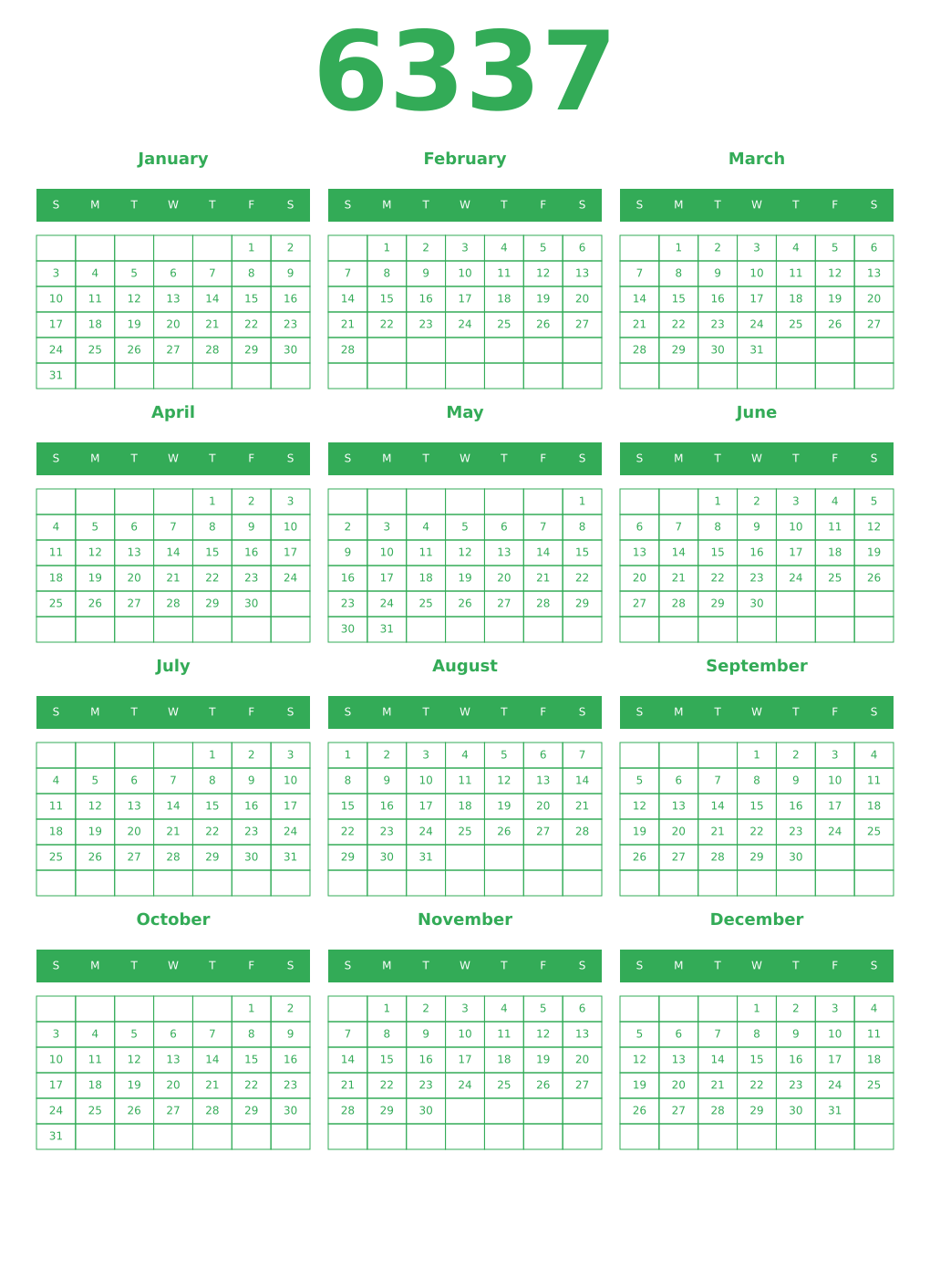 Printable 6337 Year Calendars green
